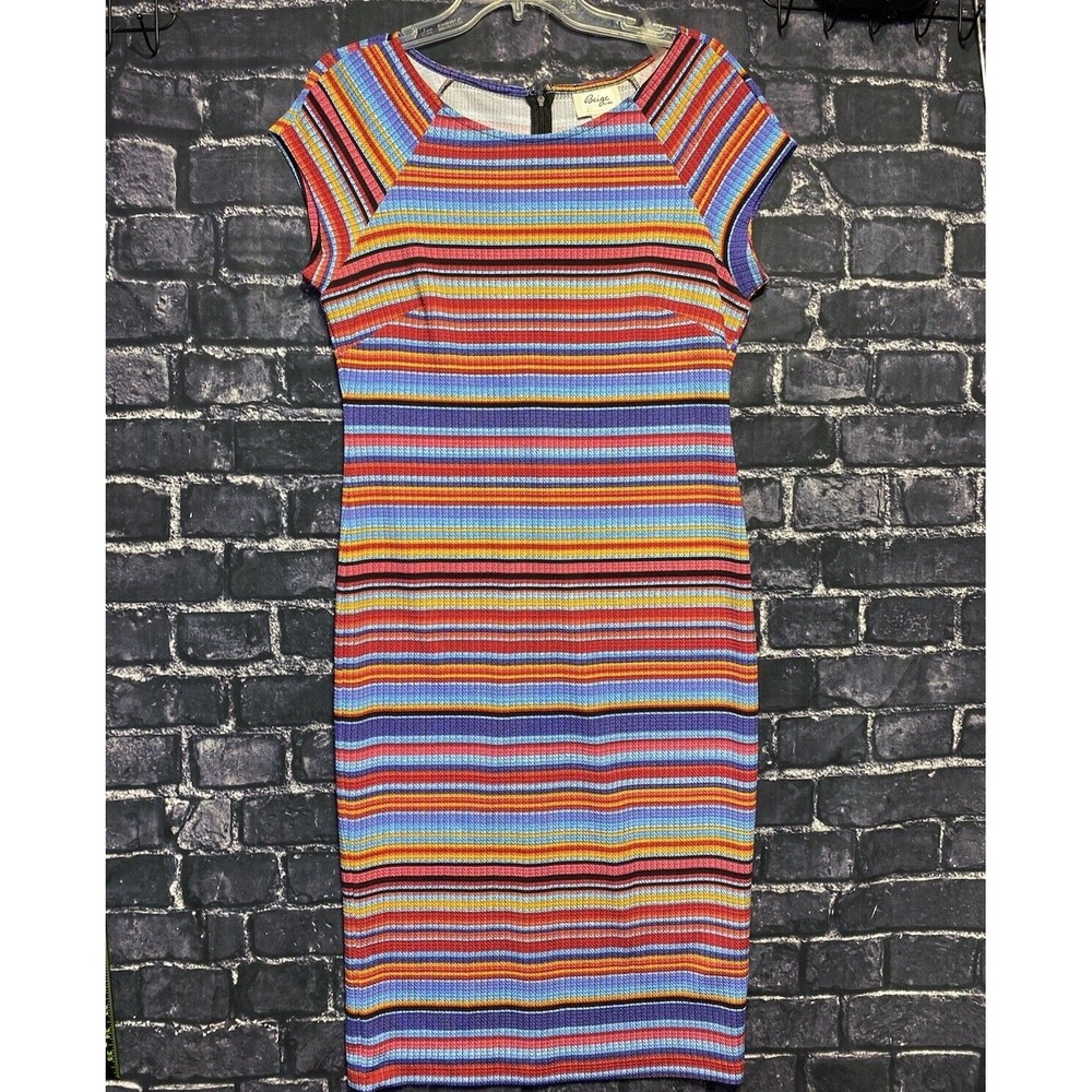 Beige By ECI Dress Womens 10 Red Blue Orange Striped Bodycon Stretch Knit Zip‎